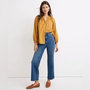 Madewell Floral Embroidered Smocked-Neck Raglan Top Yellow Flowy Peasant Blouse